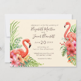 Tropisches Flamingos & Hibiskus Hochzeit Einladung