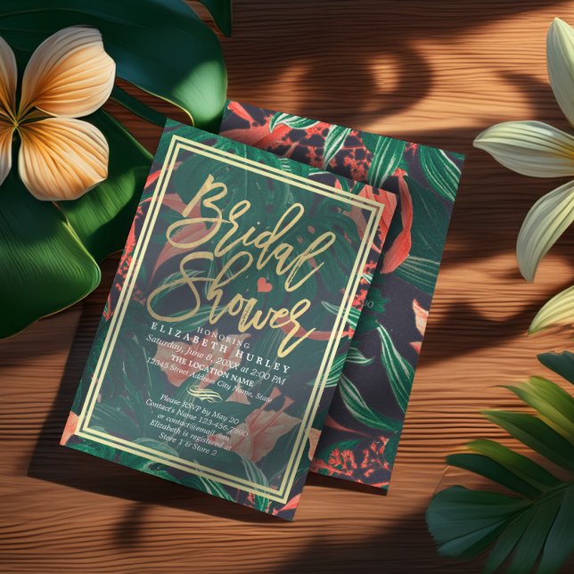 Tropisches Floral Gold Rahmen Hawaiianisches Braut Einladung (Von Creator hochgeladen)