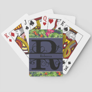 Tropisches Floral Navy Blau Monogramm R Spielkarten