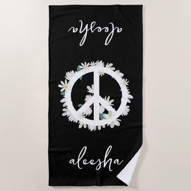 Tropisches Floral Peace Sign Personalisiert Black Strandtuch (Vorderseite)