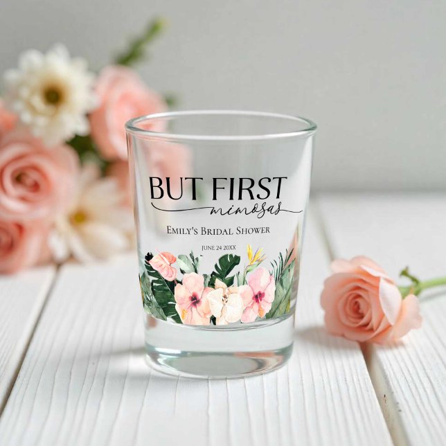 Tropisches, florales, aber erstes Mimosas-Brautpar Schnapsglas (Von Creator hochgeladen)