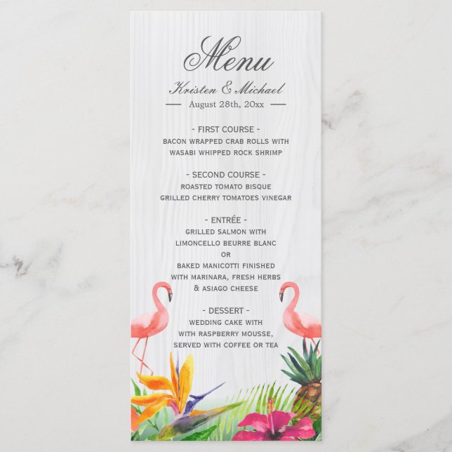 Tropisches florales Flamingo Ananas Hochzeitsmenü Menükarte (Vorderseite)