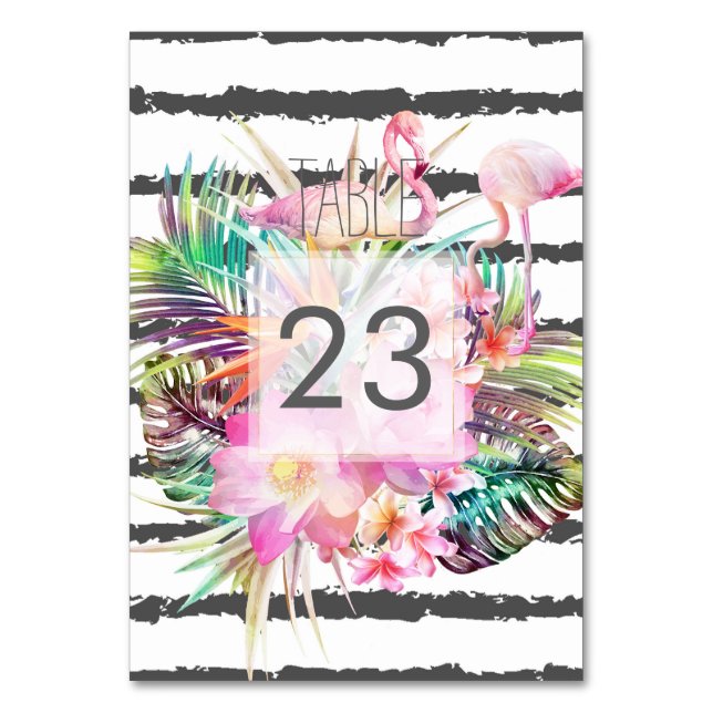 Tropisches florales Flamingos Streifen Hochzeitsde Tischnummer (Vorderseite)