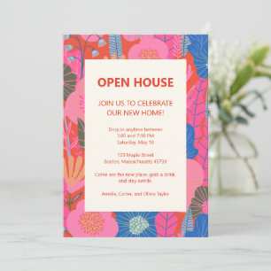 Tropisches Florales Open House Rosa Rot Einweihung Einladung
