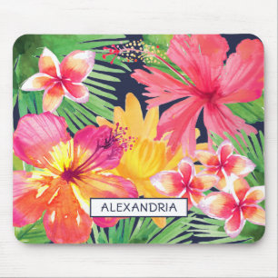 Tropisches Florales Rosa Hibiskus Plumerie Navy Cu Mousepad