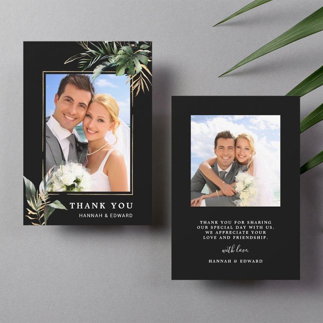 Tropisches Foliage-Hochzeitschwarz-Foto Dankeskarte (Front & Back)