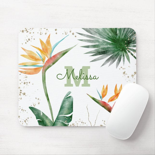 Tropisches Foliage Palm Floral Monogram Script Mousepad (Mit Mouse)