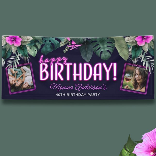 Tropisches Foliage Rosa Neon Happy Birthday Foto Banner (Tropical Foliage Pink Neon Happy Birthday Photo Banner)