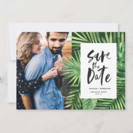 Tropisches Foto aus Palmblättern und Blattblättern Save The Date