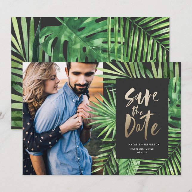 Tropisches Foto aus Palmblättern und Blattgold Save The Date (Vorne/Hinten)