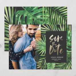 Tropisches Foto aus Palmblättern und Blattgold Save The Date