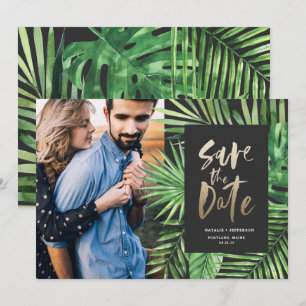 Tropisches Foto aus Palmblättern und Blattgold Save The Date