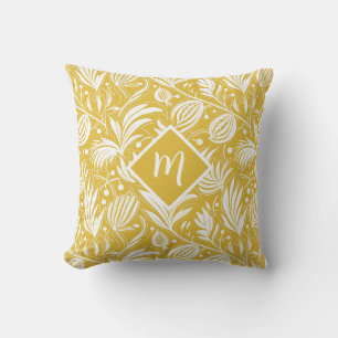 Tropisches gelbes Blumenmuster Diamant-Monogramm  Kissen