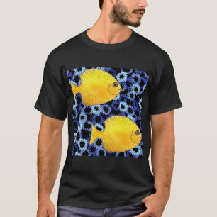 Tropisches gelbes Fisch Indigo-Korallenriff-Muster T-Shirt