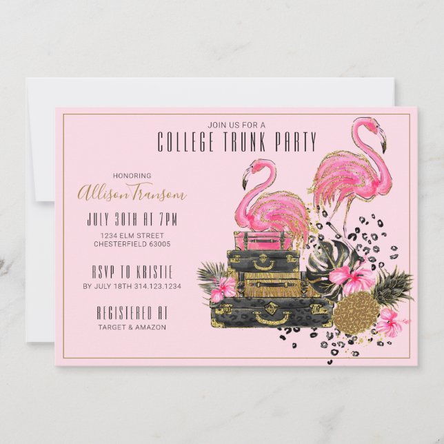 Tropisches Glitzer-Rosa-Flamingo-Uni-Stamm-Party Einladung (Vorderseite)