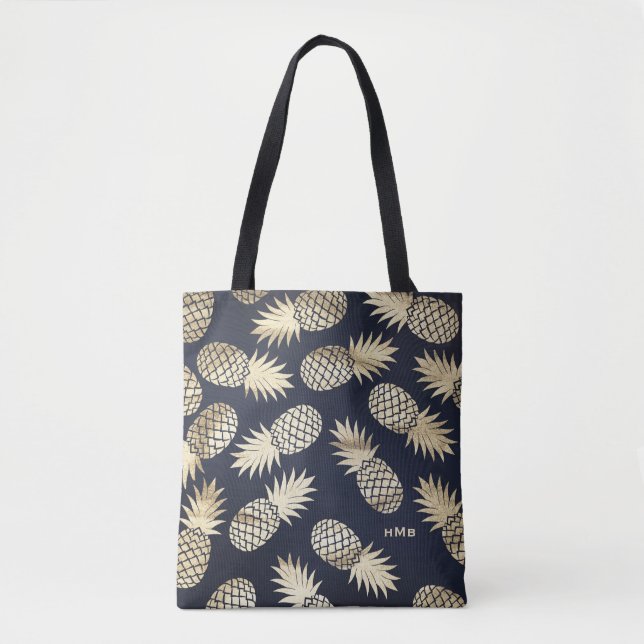 Tropisches Gold Foil Ananas Muster Blaues Monogram Tasche (Vorderseite)