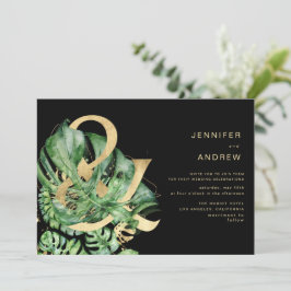 Tropisches goldenes Blattwerk und Hochzeit Einladung