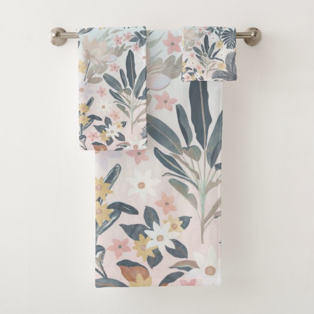Tropisches Grau Gold Foliage Blumenmuster Badhandtuch Set (Insitu)