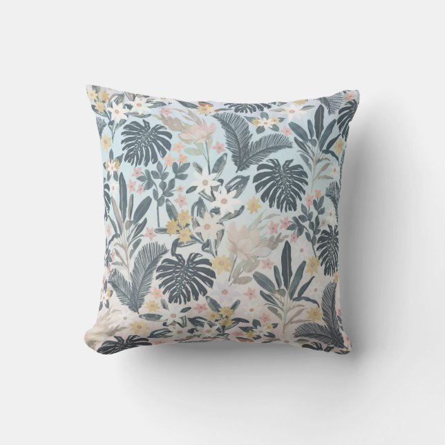 Tropisches Grau Gold Foliage Blumenmuster Kissen (Vorderseite)
