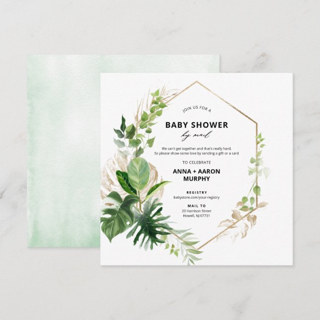 Tropisches Green und Gold Frame Baby Dusche per Ma Einladung (Vorne/Hinten)