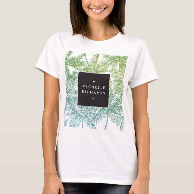 Tropisches Grün/Aqua Glitzer Palmen T-Shirt (Vorderseite)