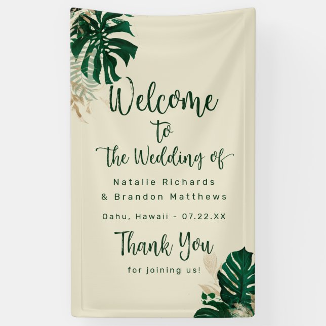 Tropisches Grün & Blätter Chic Wedding Willkommen Banner (Vertikal)