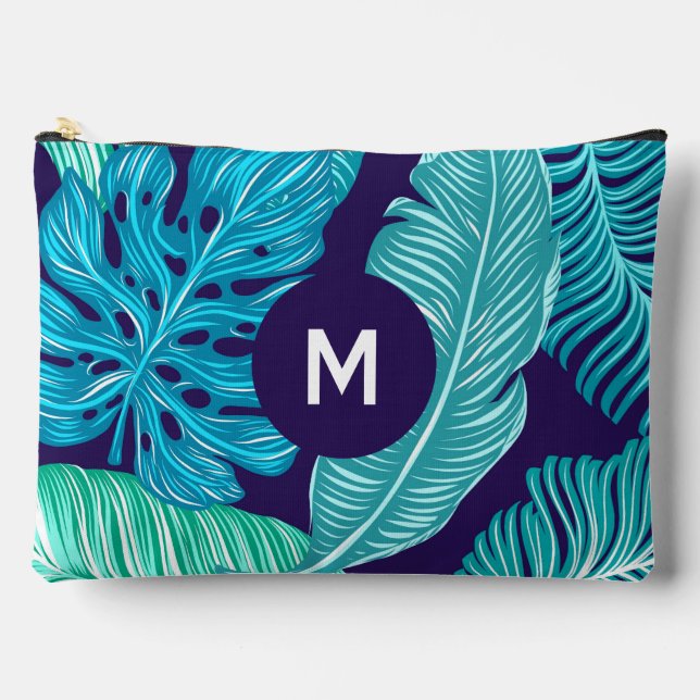 Tropisches Grün-Blau-Blattmuster-Monogramm Zubehörtasche (Vorderseite)