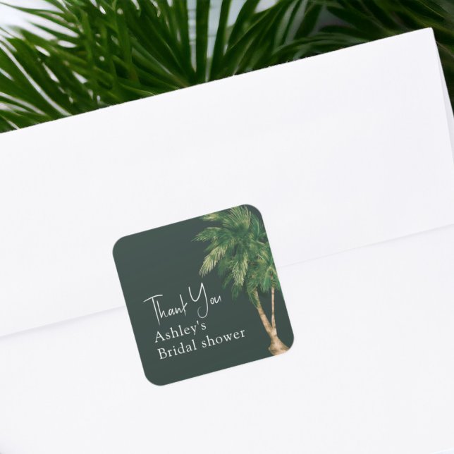 Tropisches Grün-Schriftzeichen-Brautpavillon Quadratischer Aufkleber (Tropical greenery script palm tree bridal thank square sticker)