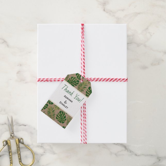 Tropisches Grün und Gold rustikale Hochzeit Danke Geschenkanhänger (Mit Garn)