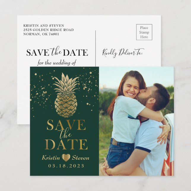 Tropisches grünes Ananas-Foto Save the Date Postkarte (Vorne/Hinten)