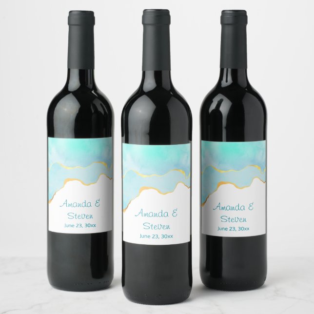 Tropisches grünes Blau mit Goldgrenzenhochzeit Weinetikett (Flaschen)