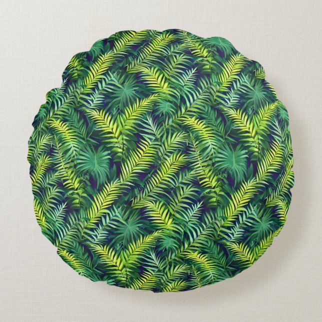 Tropisches grünes Leaf-Fern-Muster Rundes Kissen (Vorderseite)