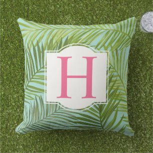 Tropisches grünes Palmblatt Aqua Monogramm Initial Kissen