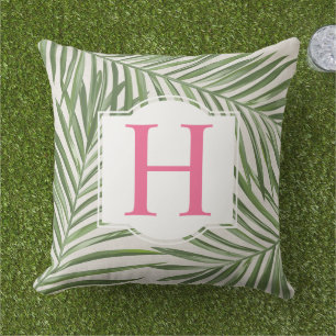 Tropisches grünes Palmblatt Beige Monogramm Initia Kissen