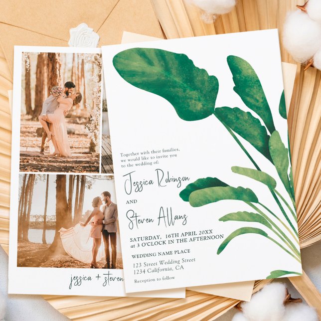 Tropisches Grünschreiben Pflanze 3 Foto Hochzeit Einladung (Von Creator hochgeladen)