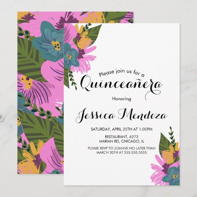 Tropisches Handgezogenes Blumenstrauß Quinceañera  Einladung (Vorne/Hinten)