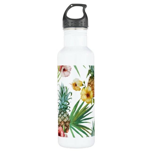 Tropisches Hawaii-Thema-Aquarell-Ananasmuster Edelstahlflasche (Vorderseite)