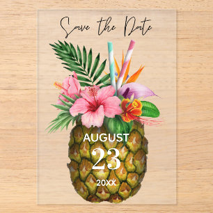 Tropisches hawaiianisches Blumen- & Ananas-Save-th Acryleinladungen