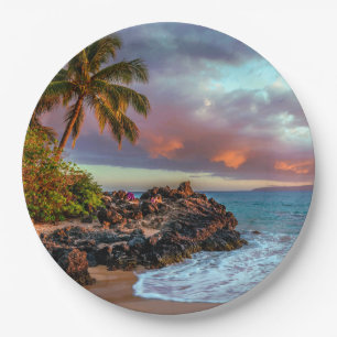 Tropisches hawaiisches Palme-Sandy-Strand-Paradies Pappteller