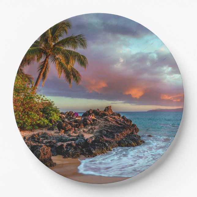 Tropisches hawaiisches Palme-Sandy-Strand-Paradies Pappteller (Vorderseite)