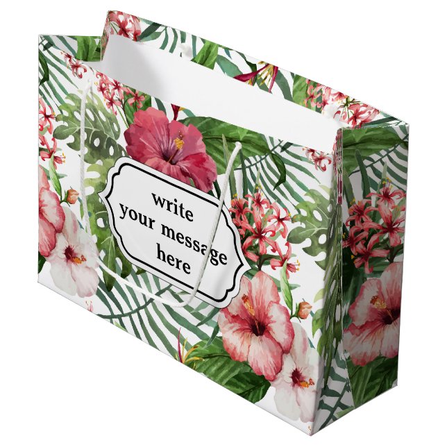 Tropisches Hibiskus-Blumen-Blätter-Laubmuster Große Geschenktüte (Vorderseite Schrägansicht)