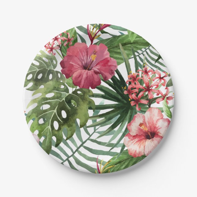 Tropisches Hibiskus-Blumen-Laubmuster Pappteller (Vorderseite)