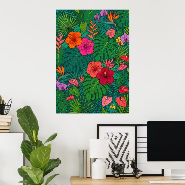 Tropisches Hibiskus Botanischer Dschungel Blätter  Poster (Heimbüro)