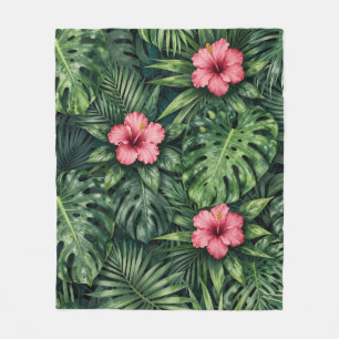 Tropisches Hibiskus Monstera Dschungel Muster Fleecedecke