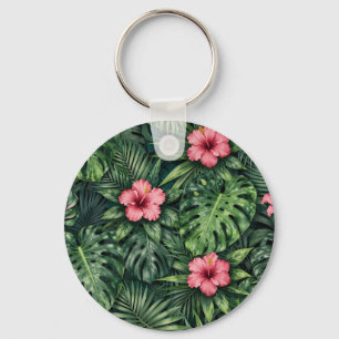 Tropisches Hibiskus-Monstera-Dschungelmuster Schlüsselanhänger