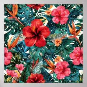 Tropisches Hibiskus- und Monstera-Blattmuster Poster