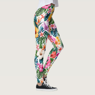 Tropisches Hibiskus- und Monstera-Blumenmuster Leggings