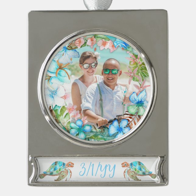 Tropisches Hochzeitserlebnis Banner-Ornament Silber (Vorderseite)