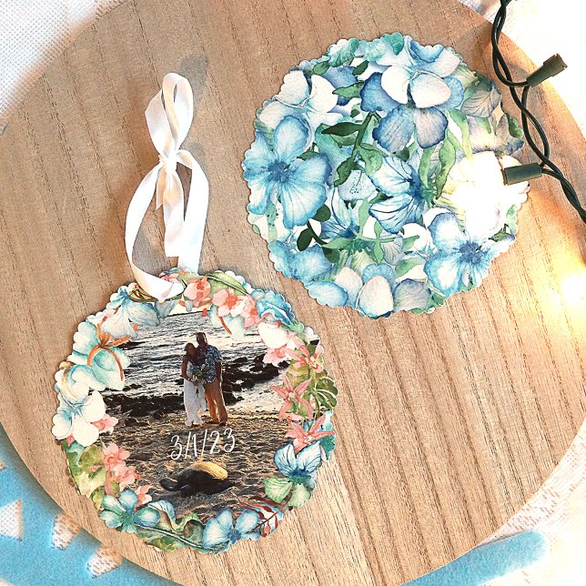 Tropisches Hochzeitserlebnis Ornament Karte (Tropical Christmas, Commemorative Ornament, Blue Hibiscus Flower Wreath)