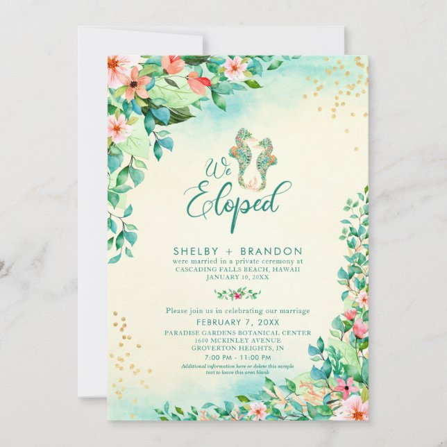 Tropisches Hochzeitspaar-Empfang-Seepferd Einladung (Vorderseite)